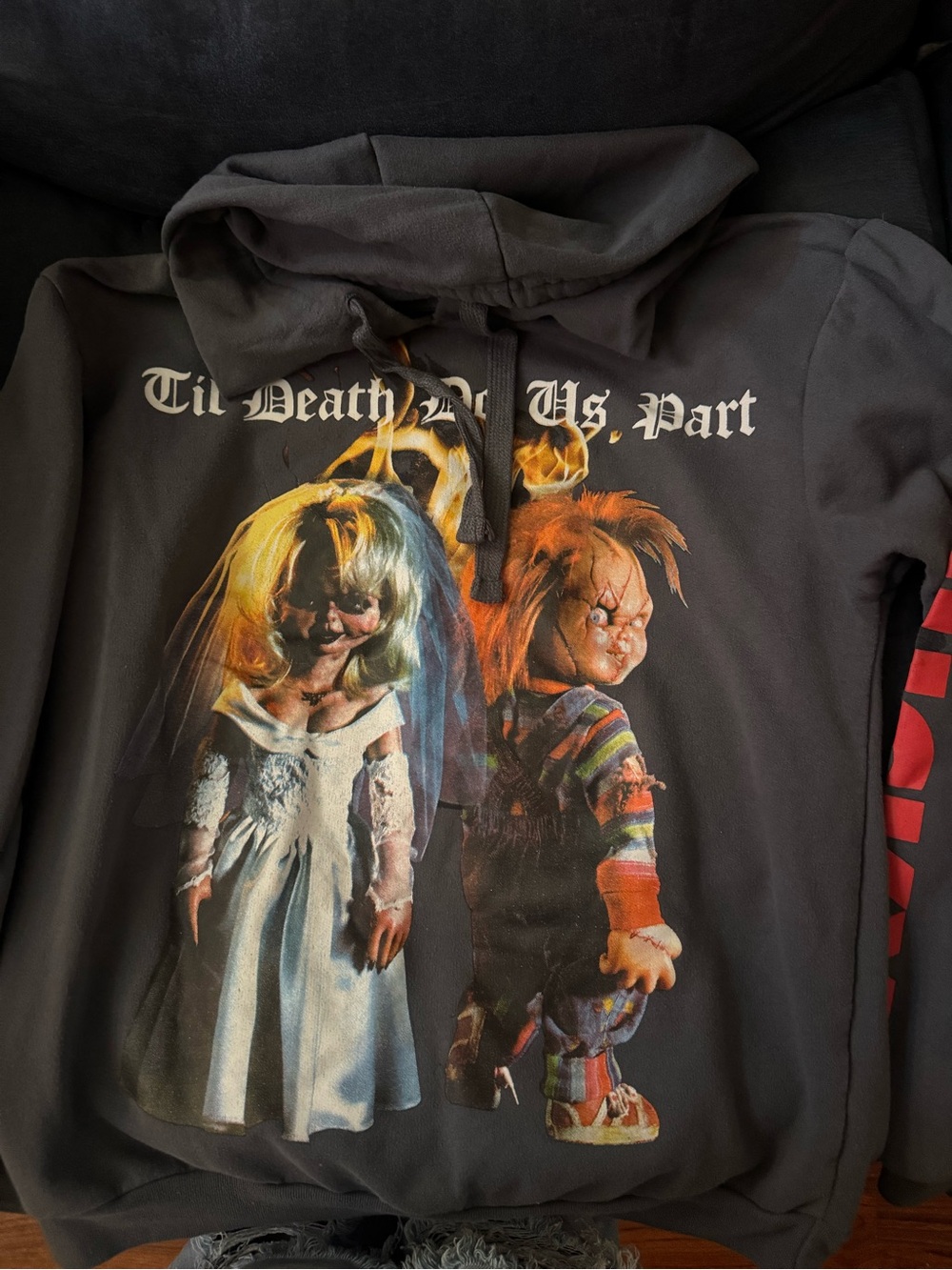 Black Graphic Kids Hoodie with 'Til Death Do Us Part' Doll Print